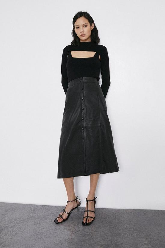 Warehouse Real Leather Popper Front Midi Skirt 1
