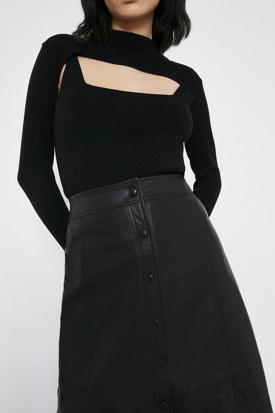 Warehouse Real Leather Popper Front Midi Skirt 4