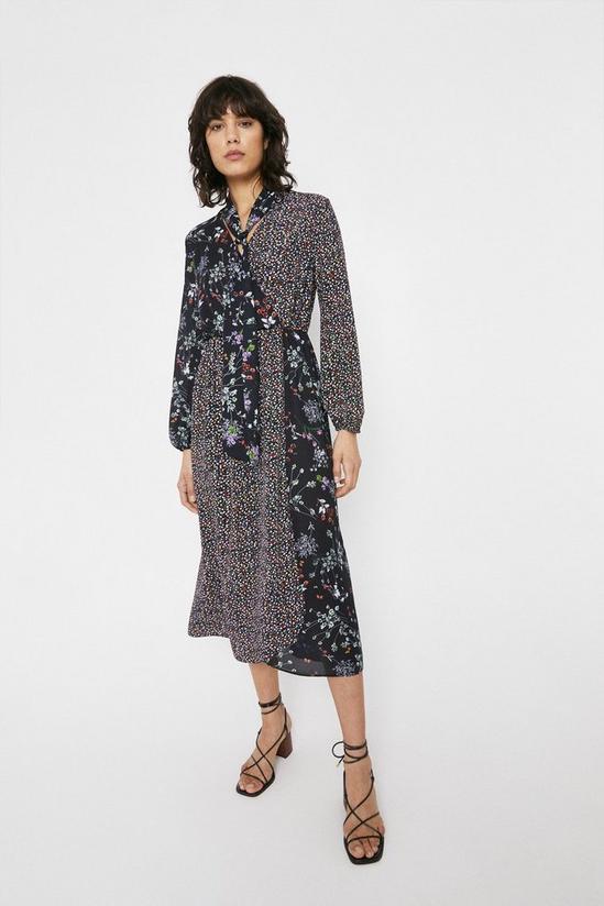 Warehouse Tie Neck Dress In Mixed Print 1