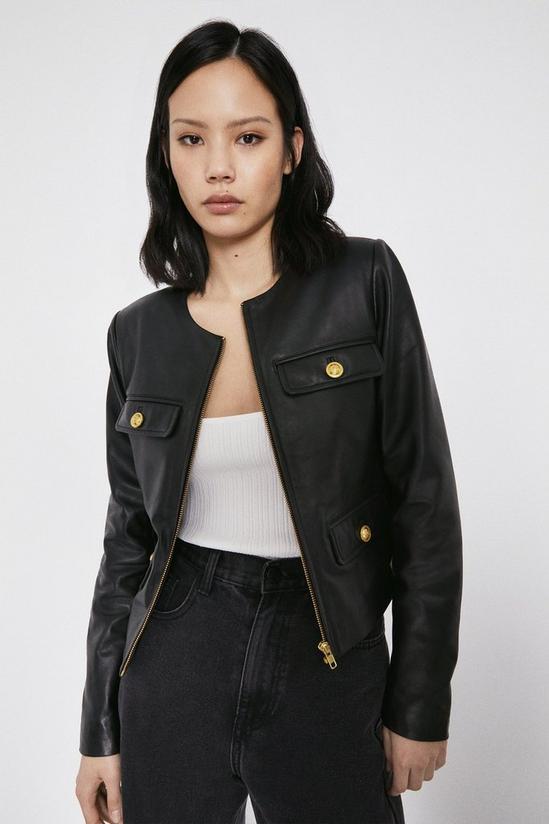 Warehouse Real Leather Collarless Gold Button Jacket 1