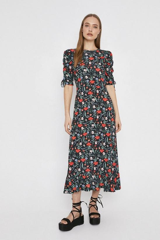 Warehouse Printed Ruched Sleeve Midi Dress 1