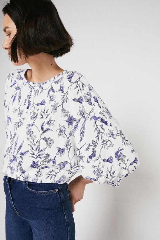 Warehouse Top With Puff Sleeve In Blue Floral 1