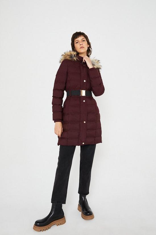 Warehouse Belted Zip Front Fur Hooded Midi Padded Coat 1
