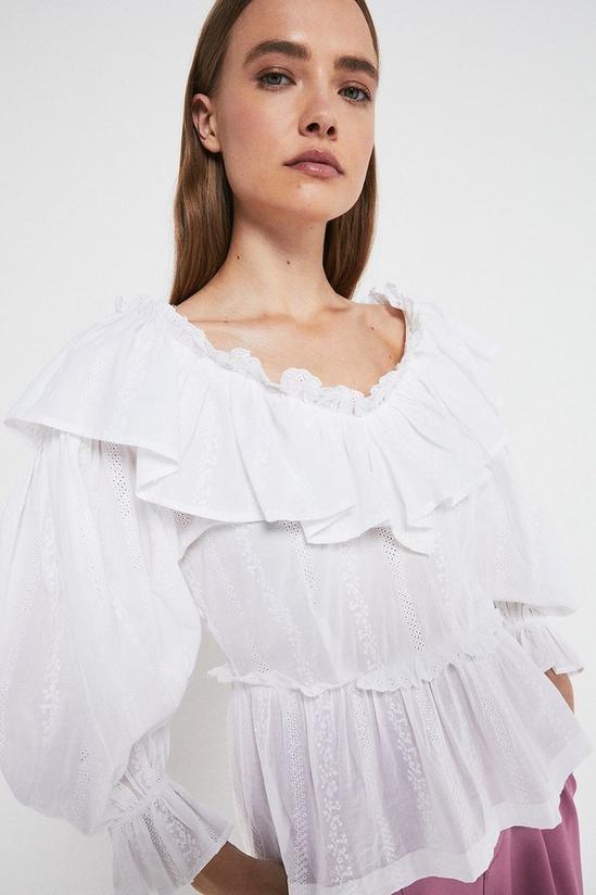 Warehouse Embroidered Cotton Ruffle Front Top 1