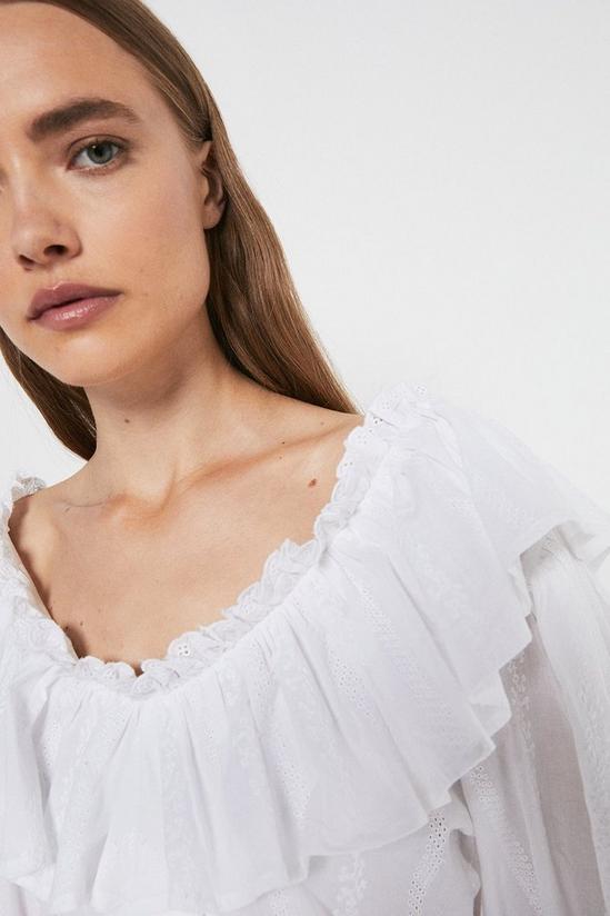 Warehouse Embroidered Cotton Ruffle Front Top 2
