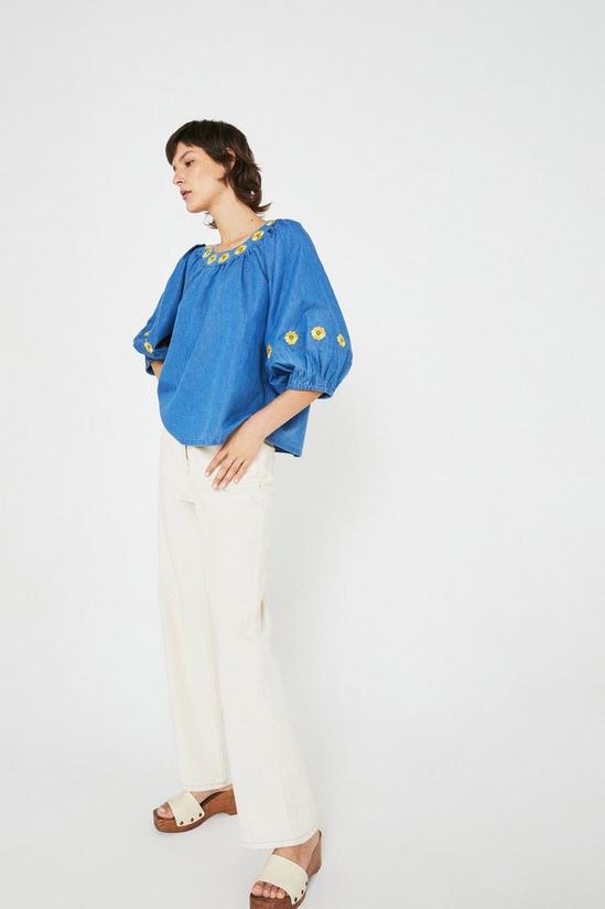 Warehouse Embroidered Daisy Denim Smock Tops 1