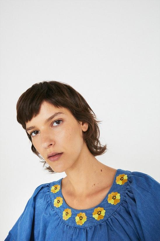 Warehouse Embroidered Daisy Denim Smock Tops 2