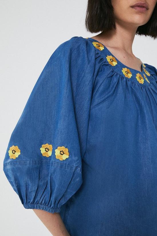 Warehouse Embroidered Daisy Denim Smock Tops 4