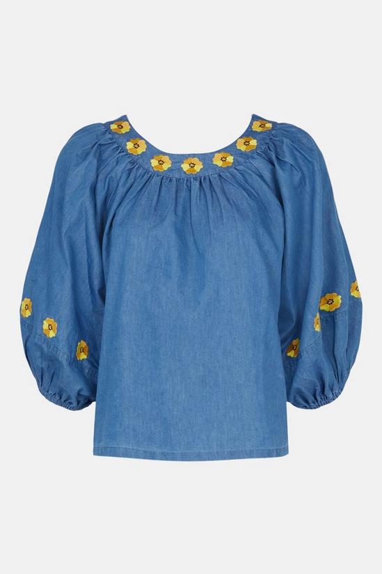 Warehouse Embroidered Daisy Denim Smock Tops 5
