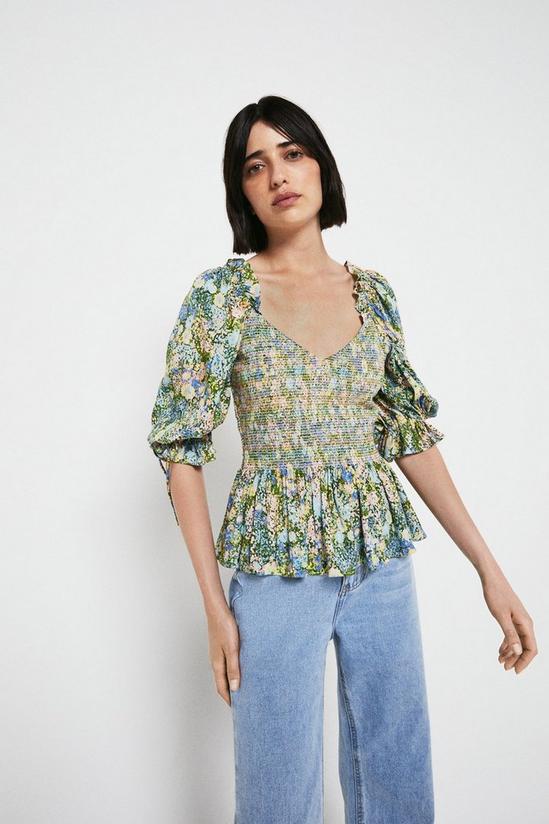Warehouse Floral Smocked Puff Sleeve Blouse 1