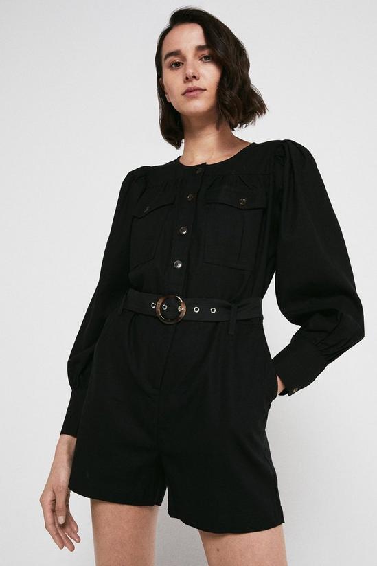 Warehouse Linen Mix Belted Long Sleeve Playsuit 1