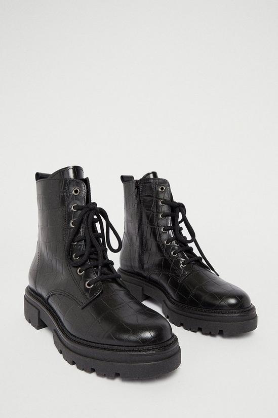 Warehouse Leather Croc Lace Up Chunky Boot 2