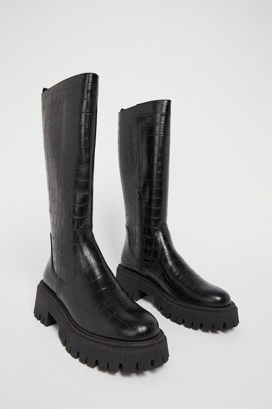 Warehouse Leather Croc Chunky Knee High Boot 3
