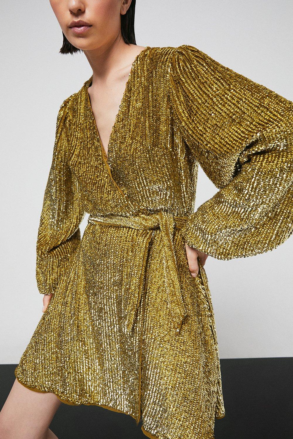 Gold Sequin Wrap Mini Dress