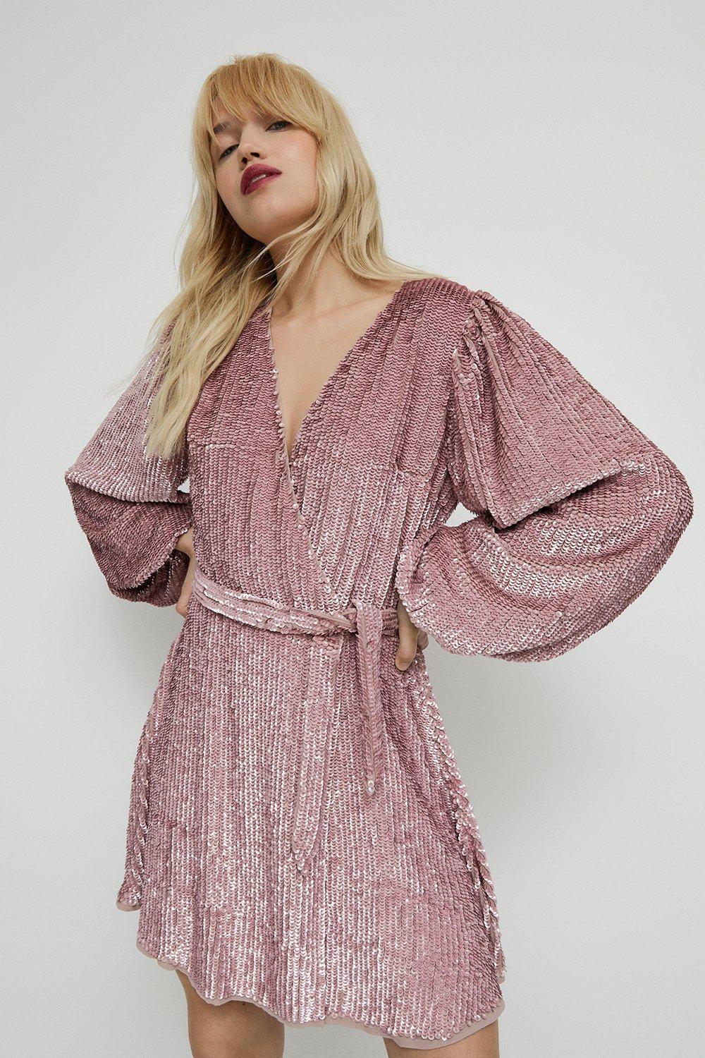 Womens Belted Sequin Mini Dress - pink