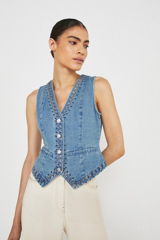 Warehouse Denim Embroidered Button Front Waistcoat 1