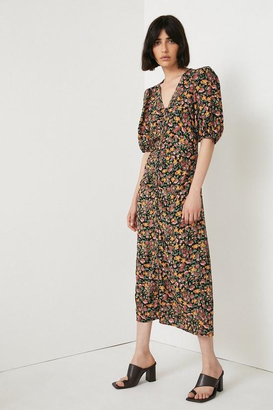 Warehouse Ruched Front Midi Dress In Floral 1