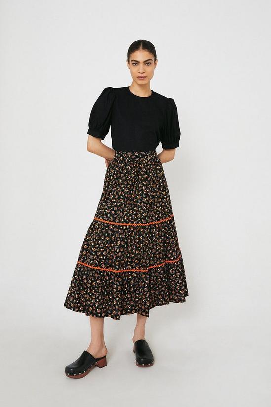 Warehouse Ditsy Floral Rickrack Tiered Midi Skirt 1