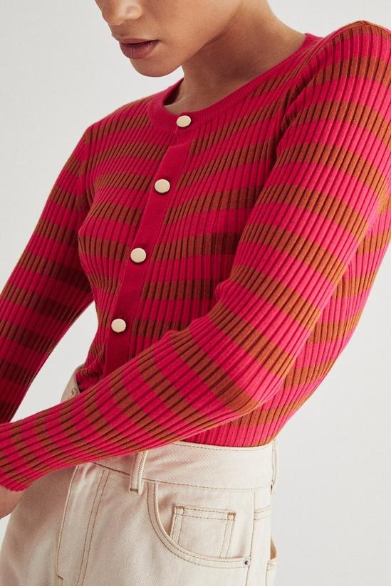 Warehouse Ribbed Stripe Puff Sleeve Knit Cardigan 2