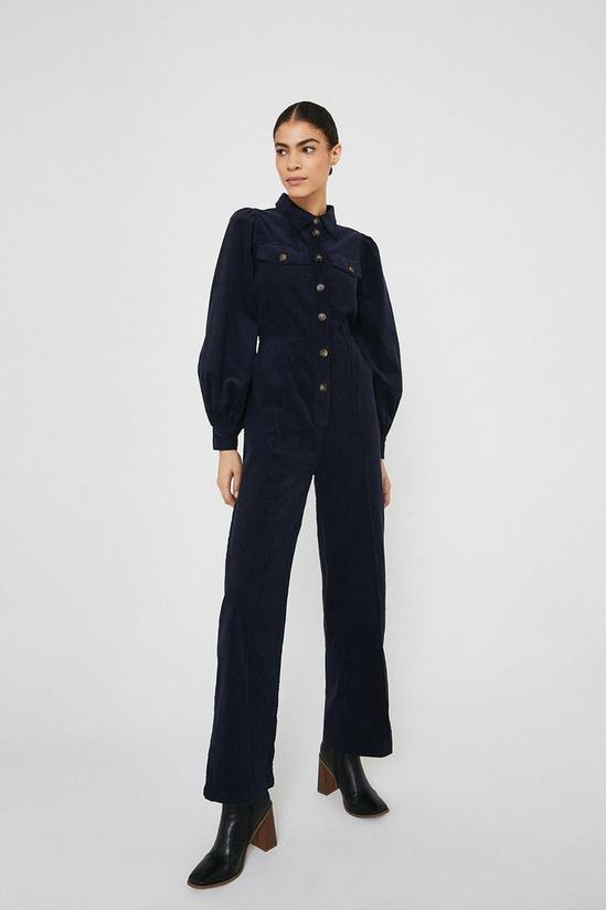 Warehouse Cord Puff Sleeve Button Front Jumpsuit 1