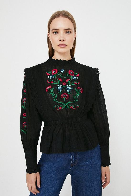 Warehouse Embroidered Lace Trim Peplum Blouse 1