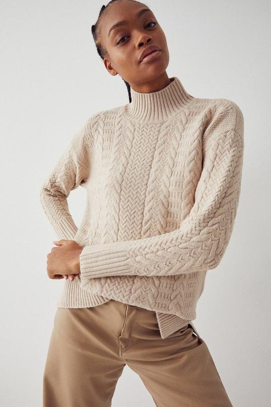 Warehouse Mixed Cable Funnel Neck Knit Jumper 1