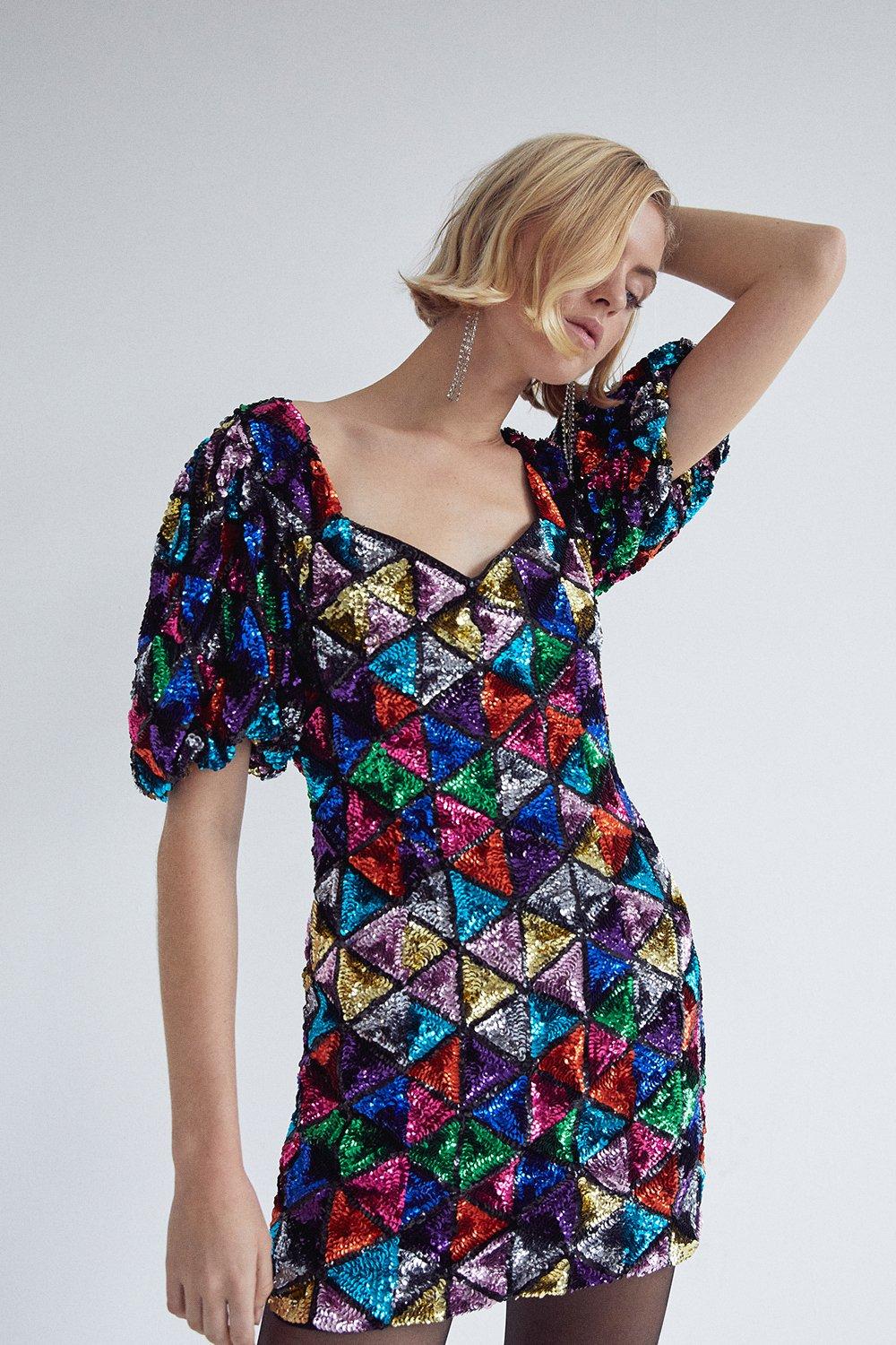 Dresses | Rainbow Sequin Puff Sleeve Mini Dress | Warehouse