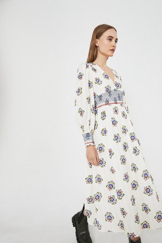 Warehouse Floral Embroidered Shirring Detail Midi Dress 1