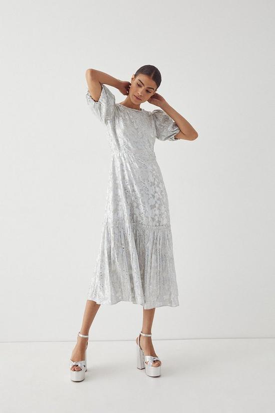 Warehouse Sparkle Jacquard Puff Sleeve Midi Dress 1