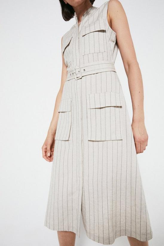 Warehouse Linen Stripe Pocket Detail Collarless Shirt Dress 2
