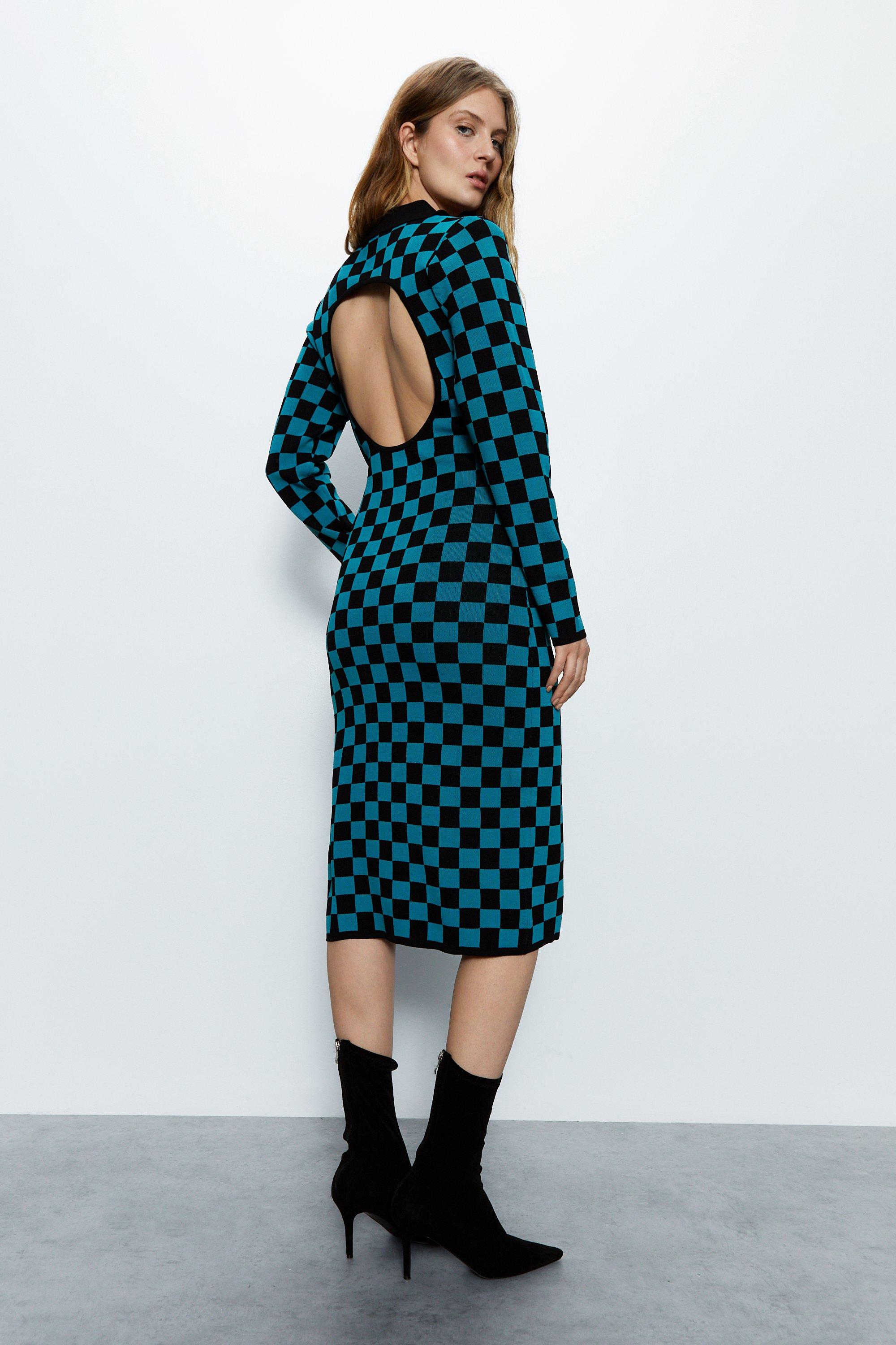 Womens Checkerboard Jacquard Polo Knit Dress - blue