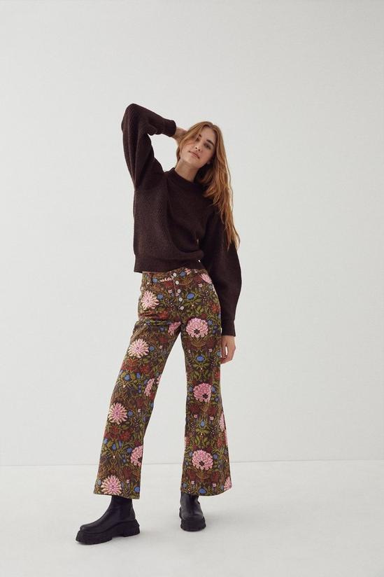 Warehouse Printed Denim Floral Button Front Flare Jeans 1