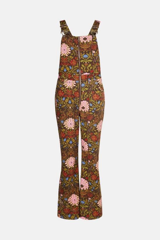 Warehouse Printed Denim Floral Zip Front Flare Dungaree 4
