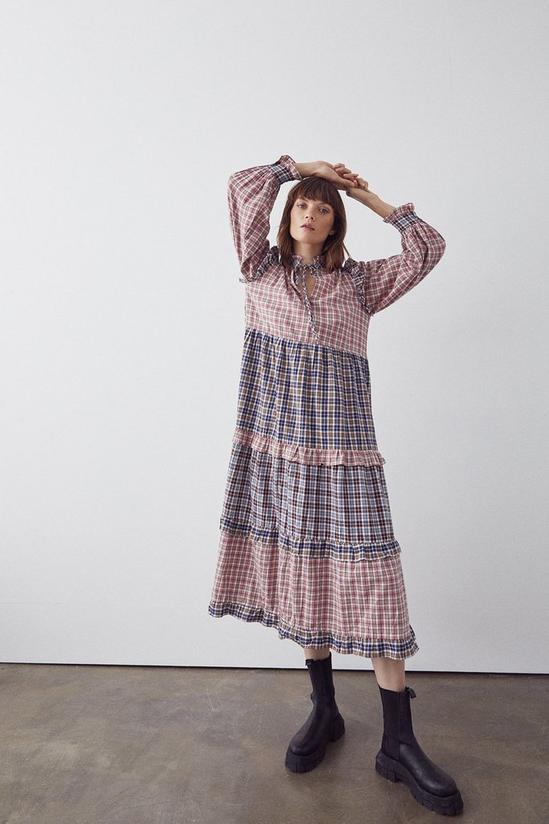Warehouse Patchwork Check Frill Detail Tier Midi Dress 1