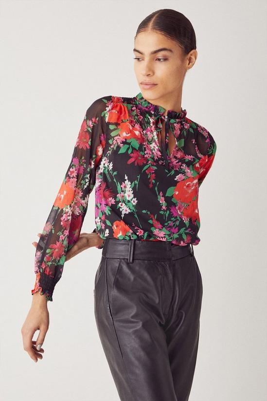 Warehouse Shirred Tie Neck Blouse In Floral 1