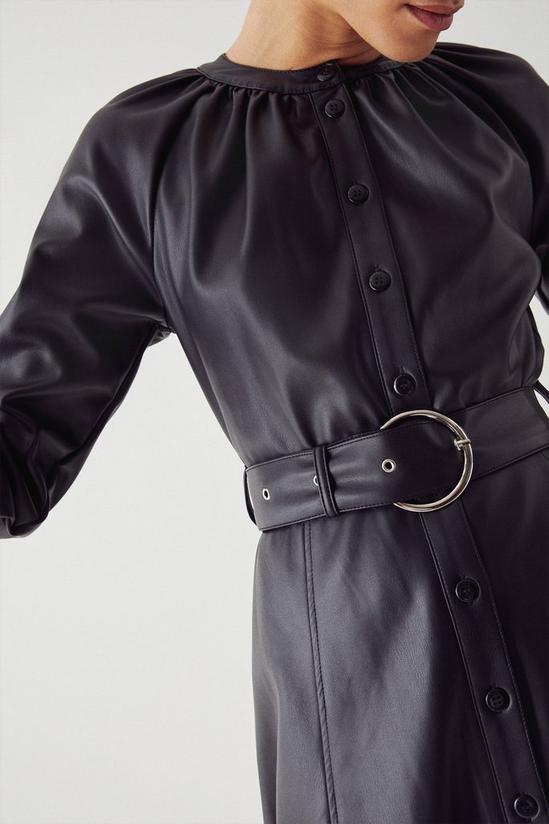 Warehouse Faux Leather Collarless Belted Shirt Dress 1