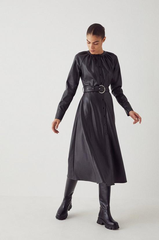 Warehouse Faux Leather Collarless Belted Shirt Dress 2