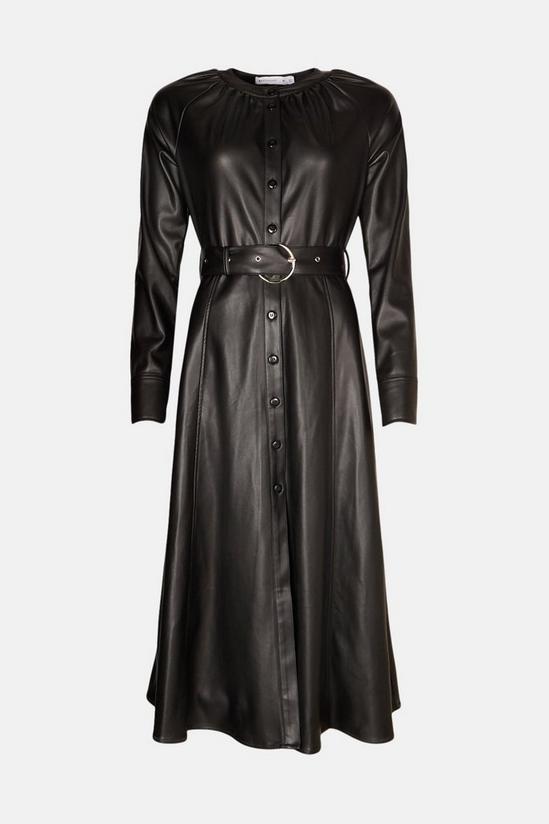 Warehouse Faux Leather Collarless Belted Shirt Dress 4