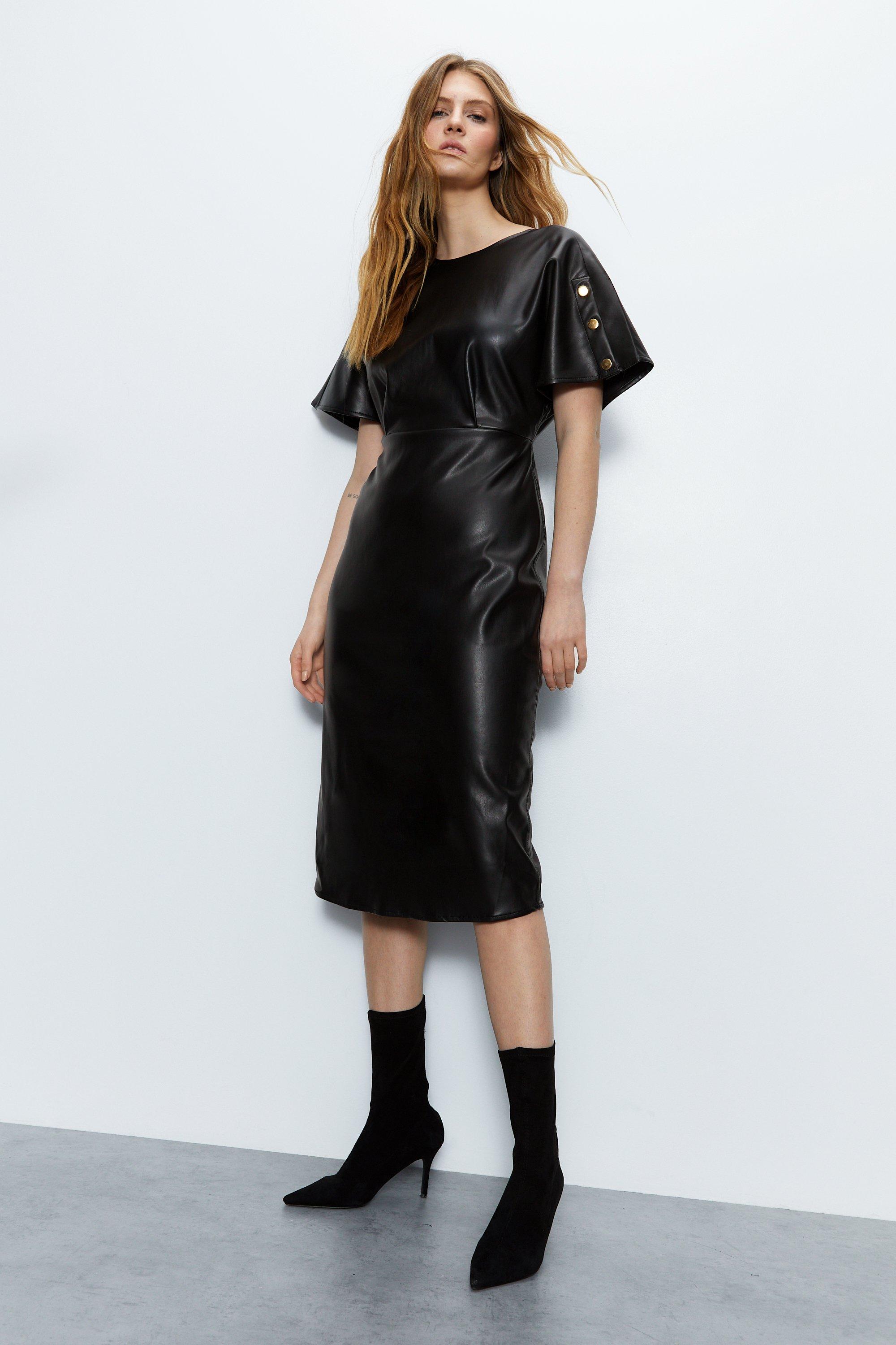 Womens Faux Leather Midi Soft Shift Dress - black