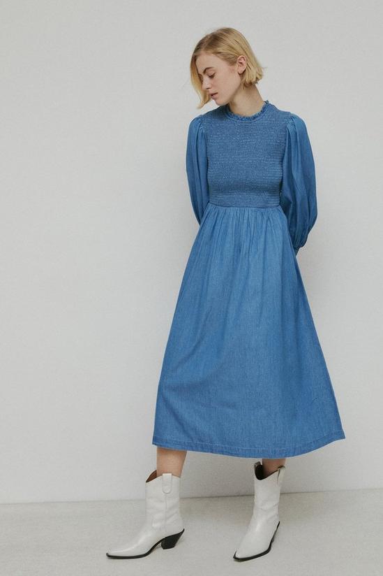 Warehouse Denim Shirred Bodice Long Sleeve Midi Dress 1