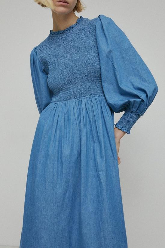 Warehouse Denim Shirred Bodice Long Sleeve Midi Dress 2
