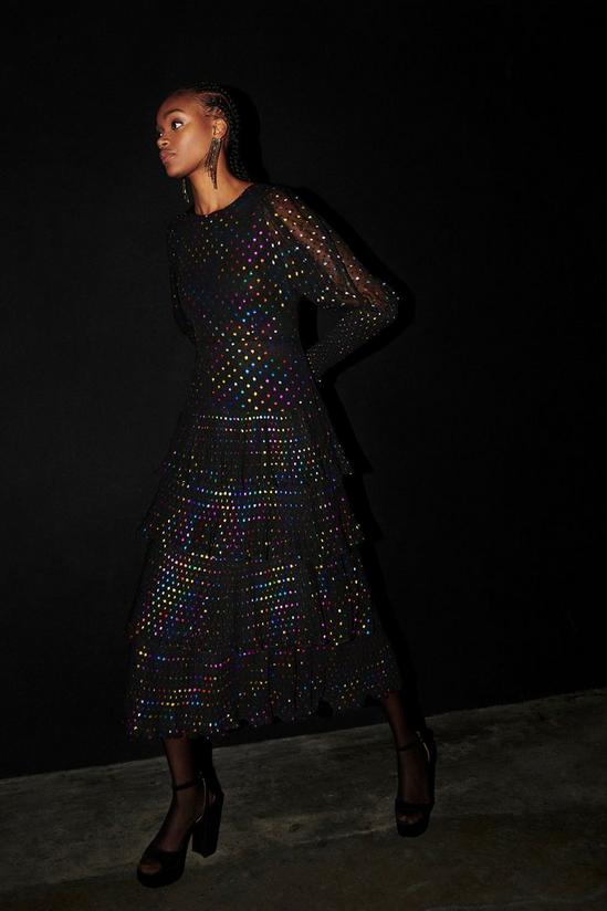 Warehouse Dobby Rainbow Foil Pleated Tiered Midi Dress 1
