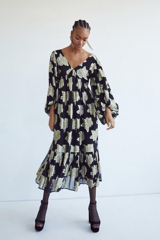 Warehouse Sparkle Jacquard Volume Sleeve  Maxi Dress 2