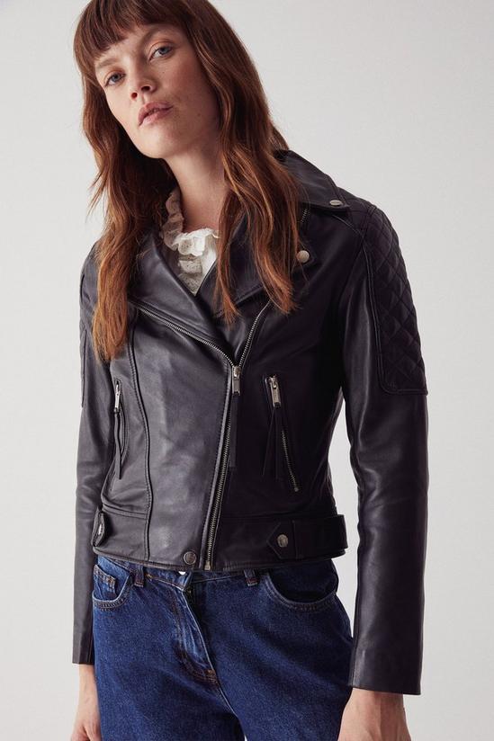 Warehouse Real Leather Quilt Detail Biker Jacket 2