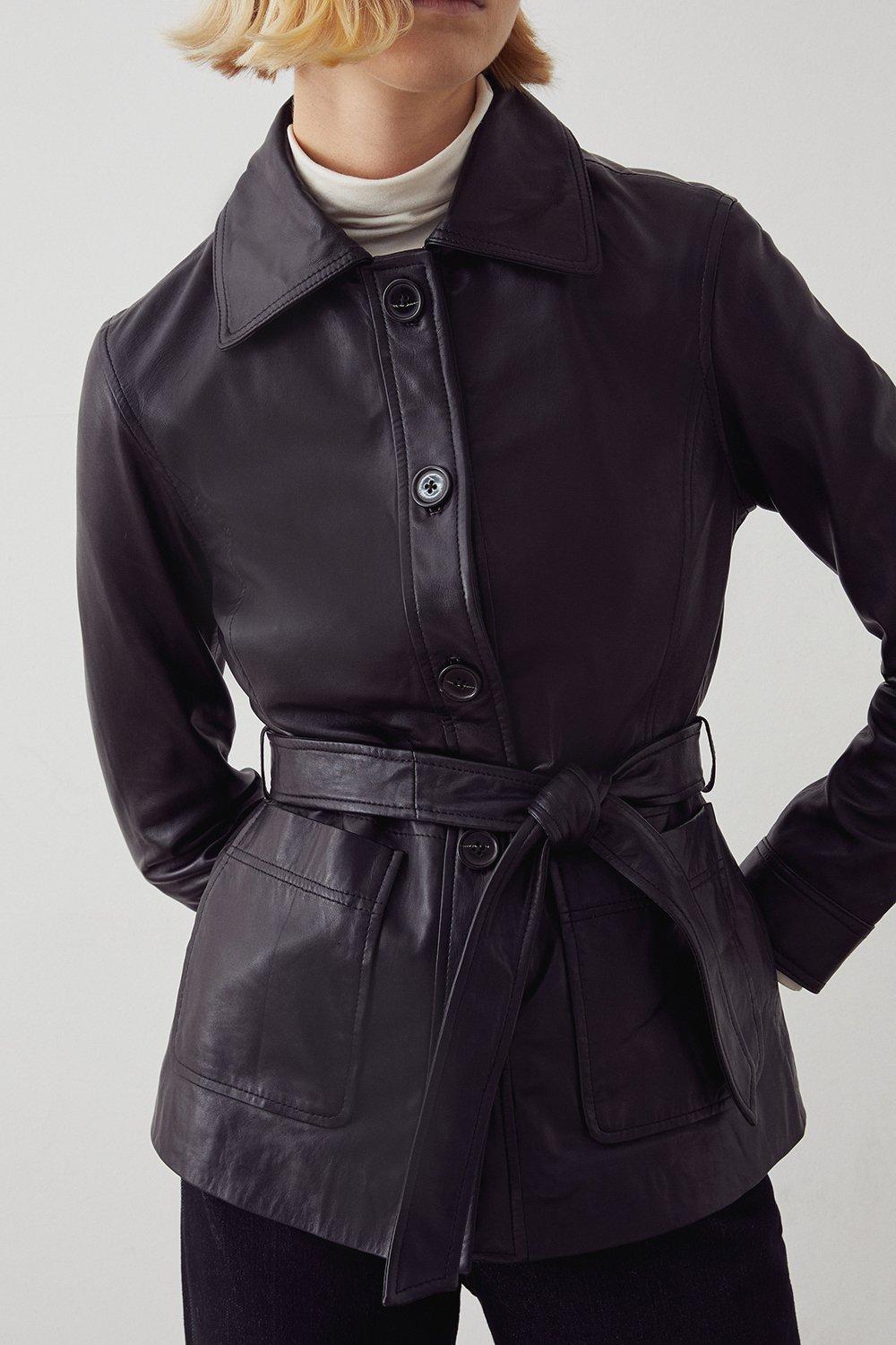 Jackets & Coats | Real Leather Button Through Belted Jacket | Warehouse