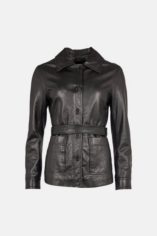 Warehouse Real Leather Button Through Belted Jacket 4