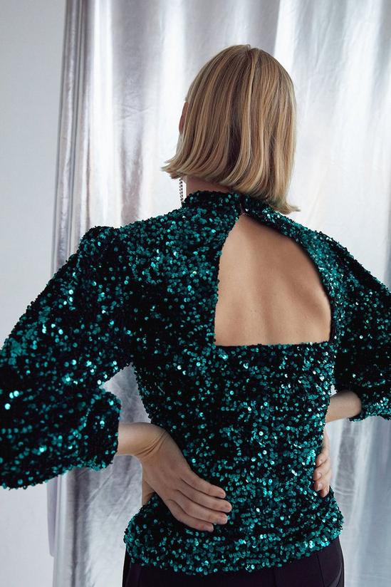 Warehouse Velvet Sequin Cut Out Back Puff Sleeve Top 3