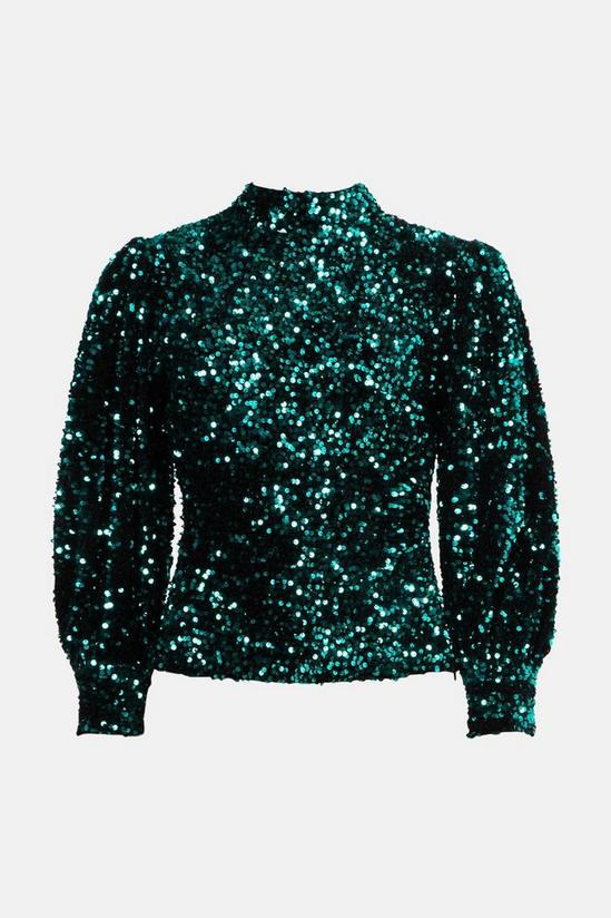 Warehouse Velvet Sequin Cut Out Back Puff Sleeve Top 4