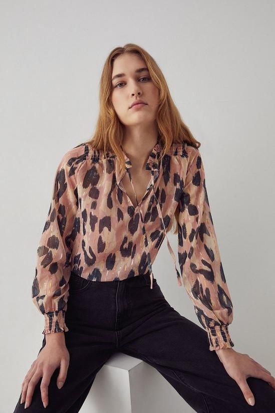 Warehouse Sparkle Shirred Tie Neck Blouse In Animal 1