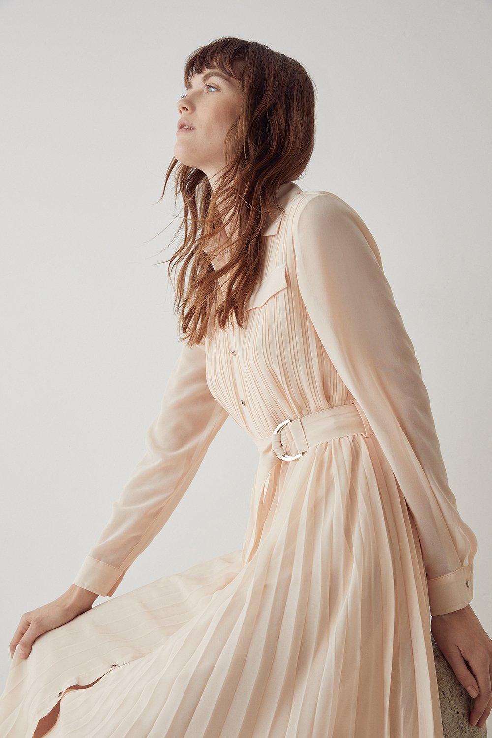 Womens Pleated Midi Belted Shirt Dress - champagne